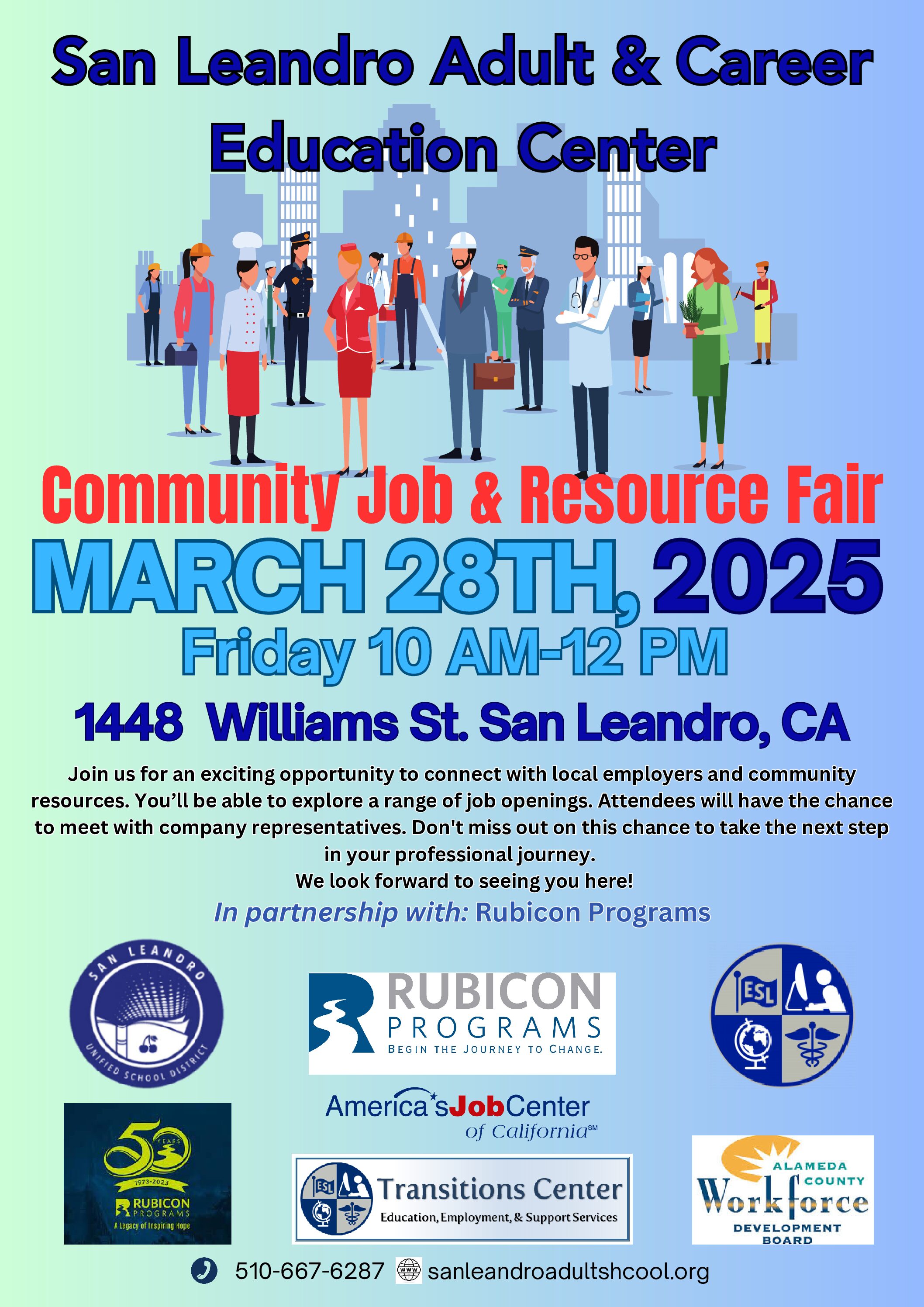 March Job and Resource Fair Flyer San Leandro Adult 3-28-25 American Rescue Plan Act Grant for Small Businesses Flyer